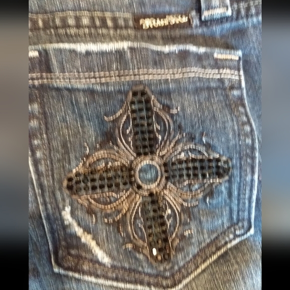 Miss Me 29 Mid-Rise Jeans Black Embellishments & Gray Embroidery - Picture 5 of 9